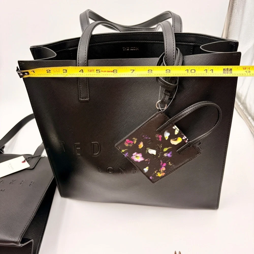 Ted Baker London Black Icon Tote Bag Set‎ Large Shopper Small Tote Flower Charm